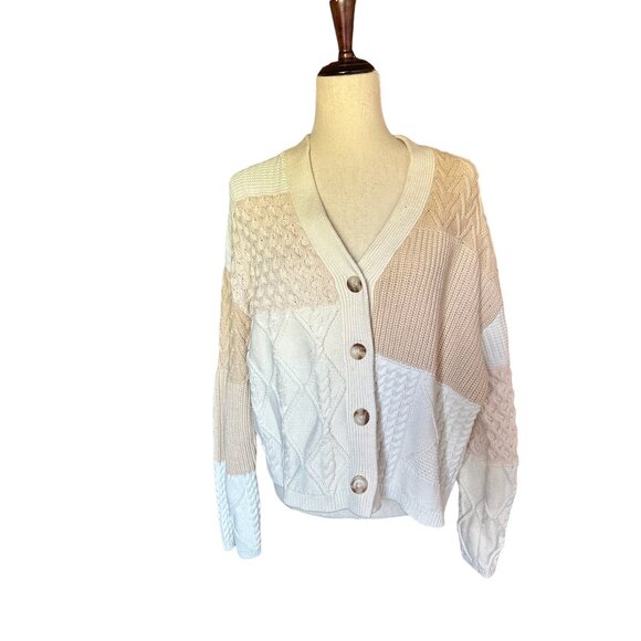 Rails Reese Patchwork Boxy Cable Cardigan- Cream Size M - Picture 2 of 11